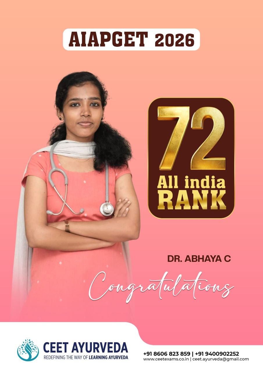 Dr. Abhaya C, All India Rank 72 in AIAPGET 2026, CEET Ayurveda student.